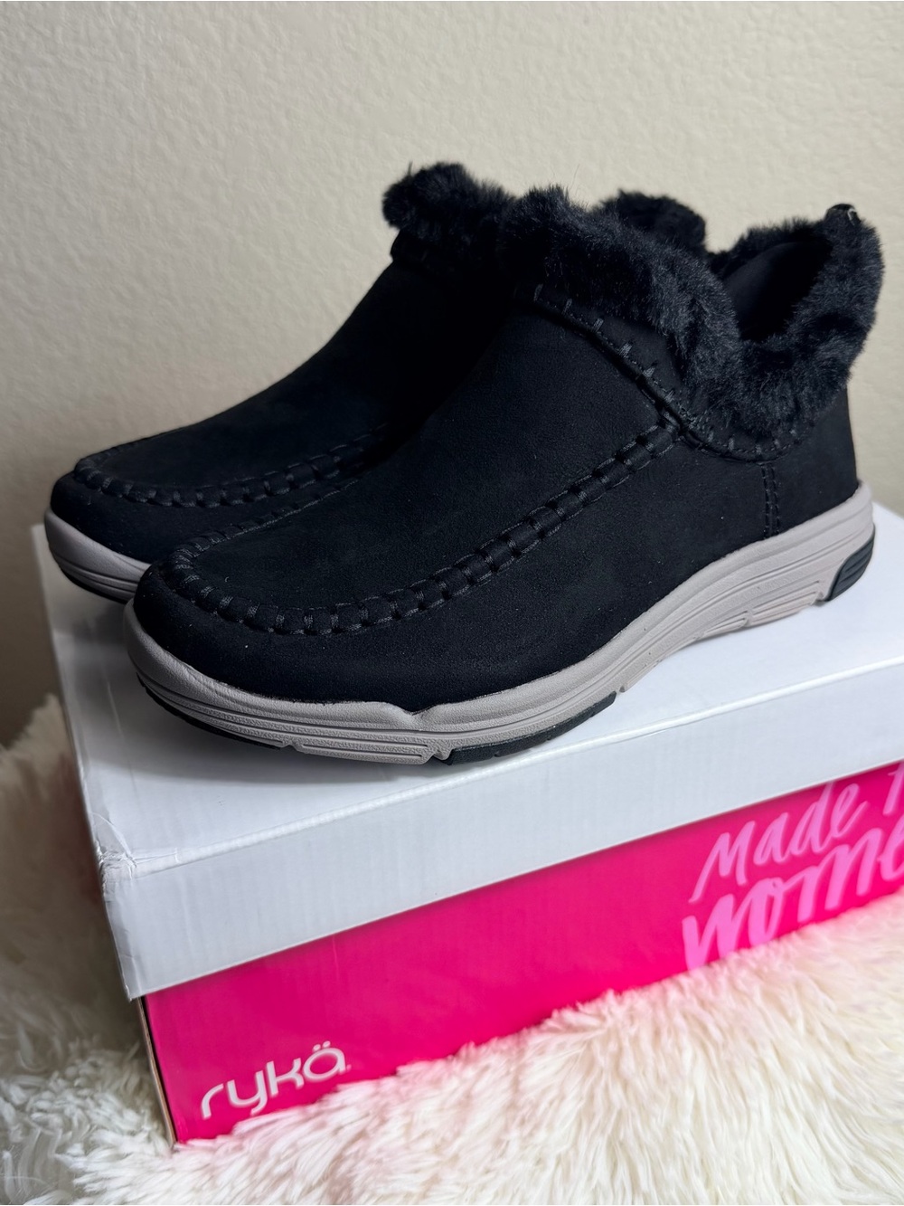 Ryka Ariana Water-Repellent Black Faux-Fur Trim Booties 6M